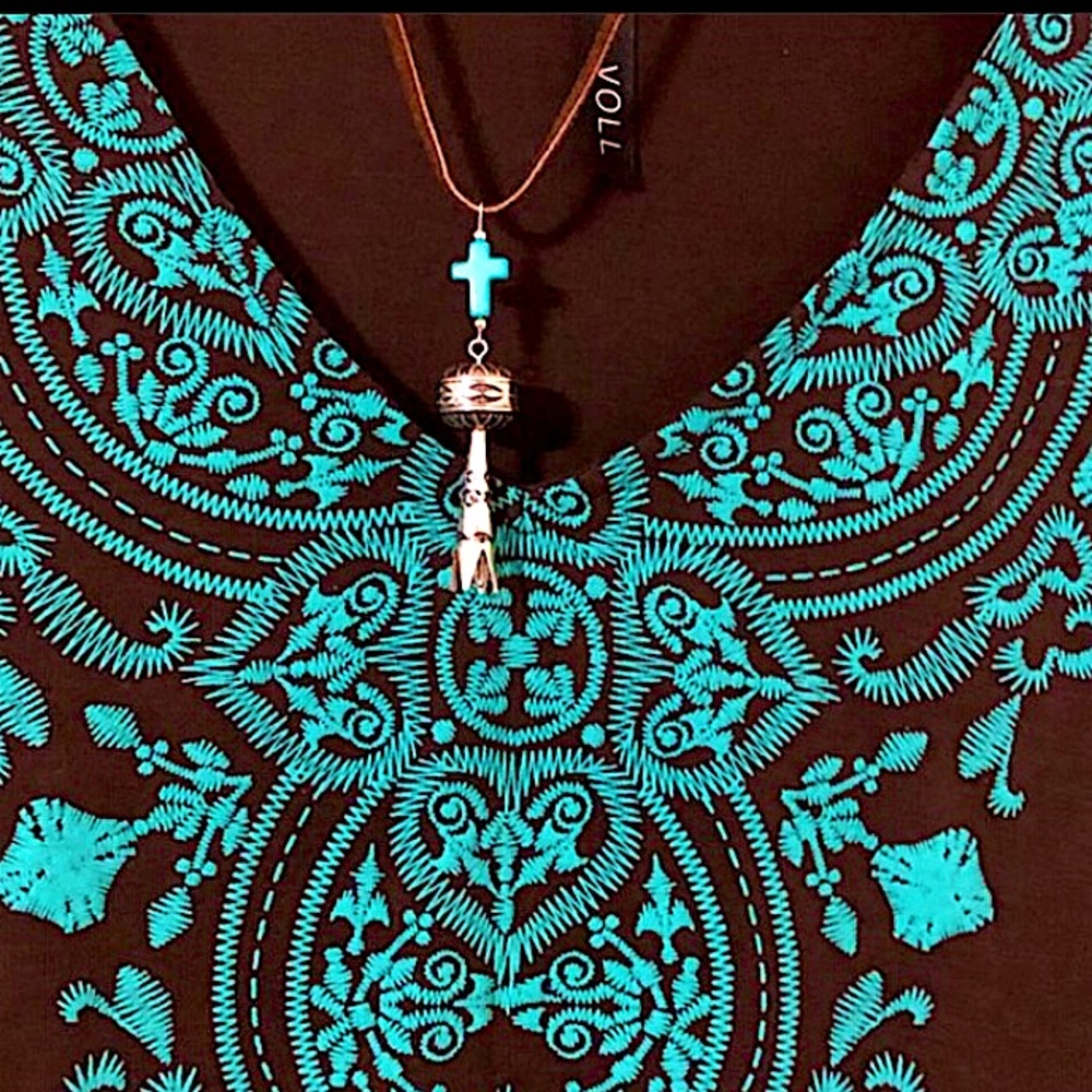 TURQUOISE CROSS SILVER SQUASH BLOSSOM LONG BROWN LEATHER NECKLACE TIE AS DESIRED - Picture 8 of 8